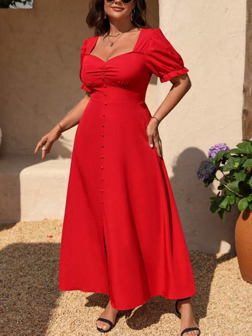 Auvina Plus Size Solid Color Sweetheart Neck Slit Up Thigh Short Sleeve Dress